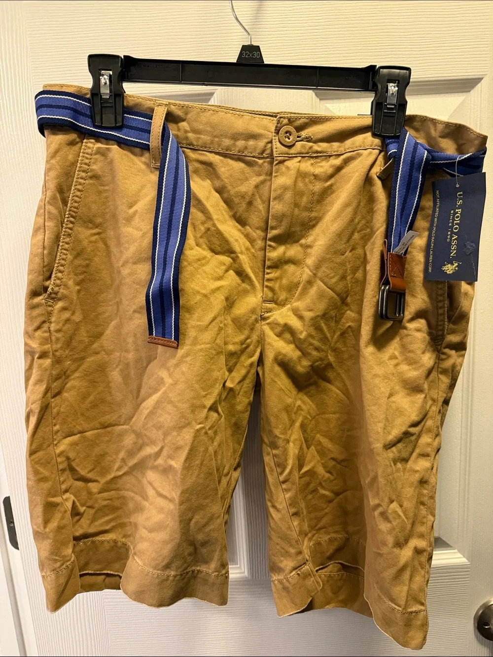 U.S. Polo Assn. Tan Cotton Chino Shorts with Blue Striped Belt
